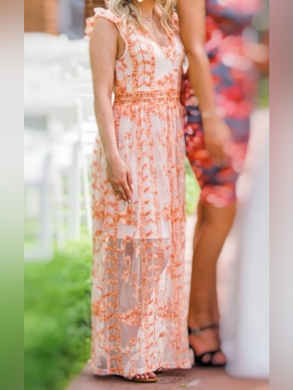 Altar'd State Peach Embroidered Ruffle Sleeve Maxi Dress